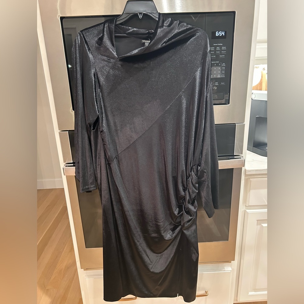 Donna Karan Dress Plus Sz 22 High Neck Velvety Like Midi Asymetric Neck Ruching